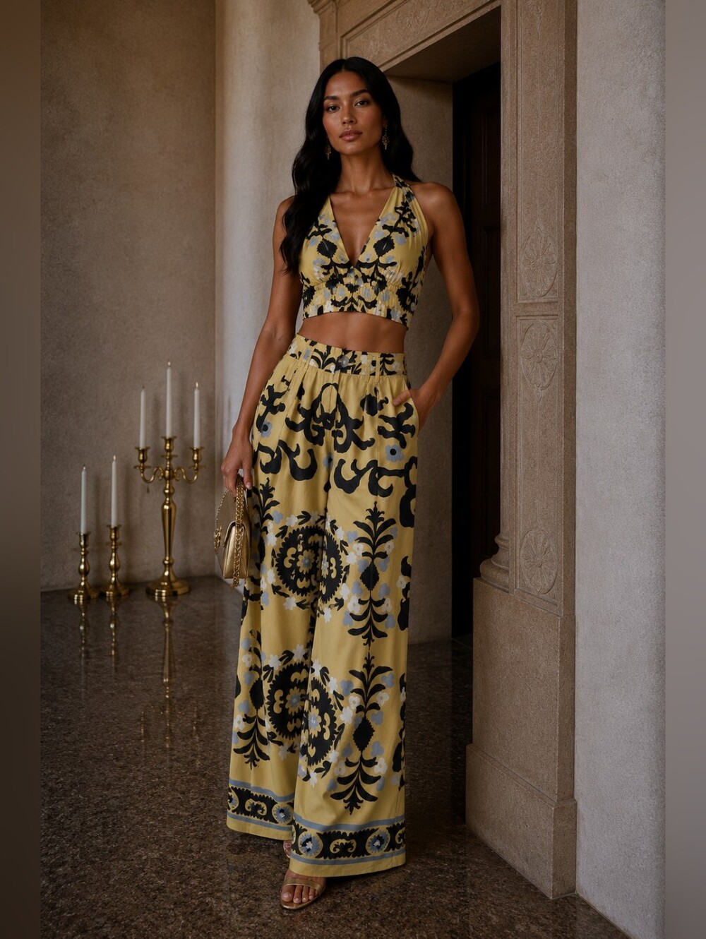 NWOT Italian Satin R.G. Kane Finn Trouser Wide-Leg Palazzo Pants Yellow Blue S - Picture 3 of 13